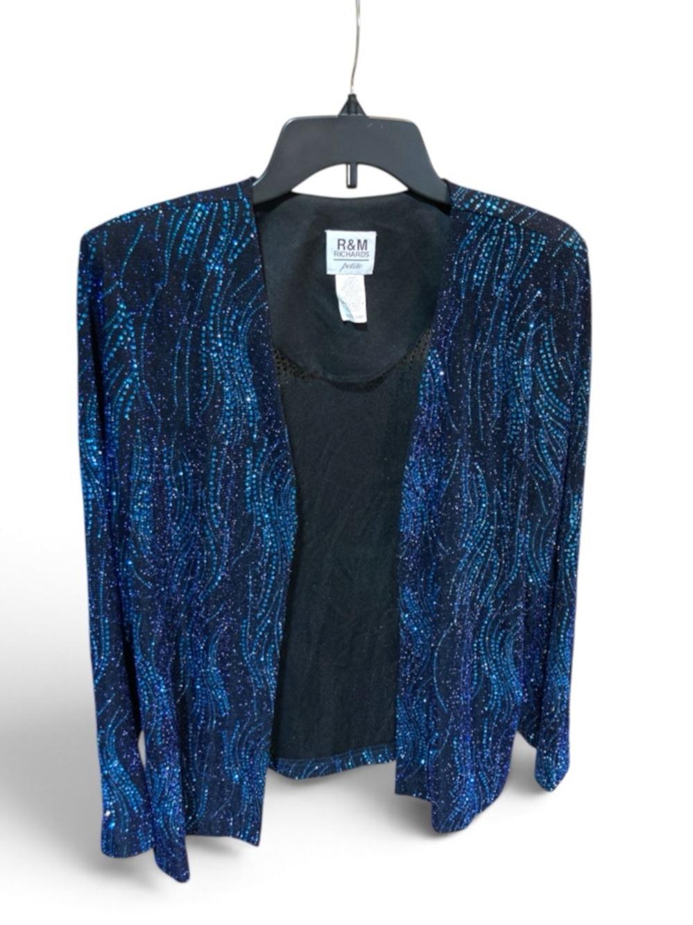 R & M Richards Black with Sparkly Blue Open Front Blazer 14P Petite